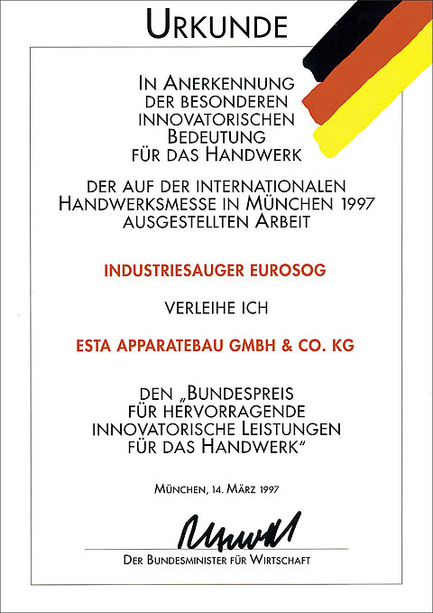 Certificate for the industrial vacuum cleaner EUROSUG.