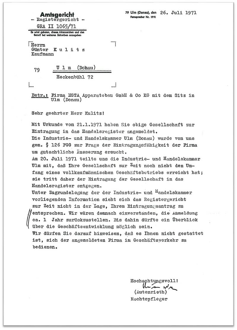 Ablehnungsschreiben aus dem Jahr 1971