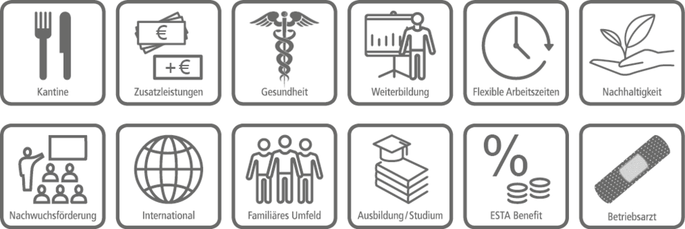 Kantine, Zusatzleistungen, Gesundheit, flexible Arbeitszeiten, Nachhaltigkeit, Nachwuchsförderung, international, familiäres Umfeld, Ausbildung/Studium, ESTA Benefit, Betriebsarzt. Kantine, Zusatzleistungen, Gesundheit, flexible Arbeitszeiten, Nachhaltigkeit, Nachwuchsförderung, international, familiäres Umfeld, Ausbildung/Studium, ESTA Benefit, Betriebsarzt.