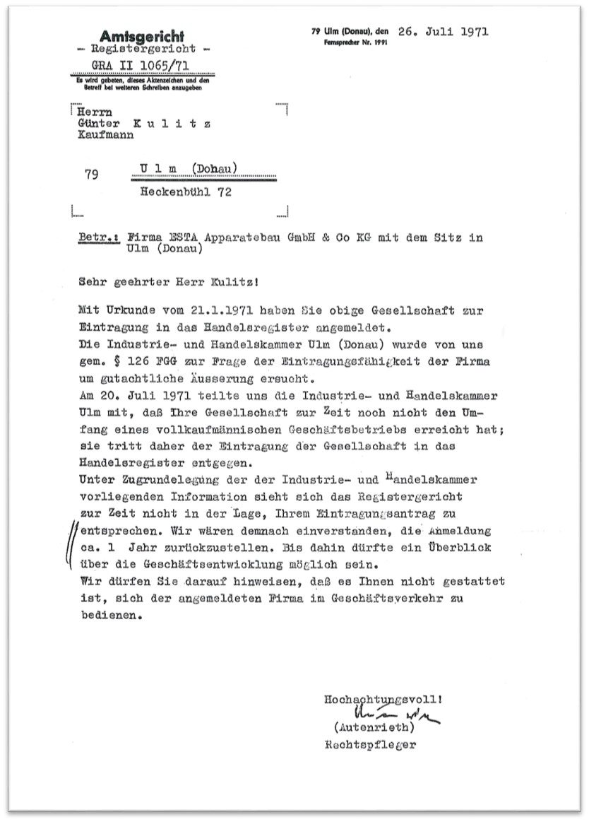 Ablehnungsschreiben aus dem Jahr 1971 Ablehnungsschreiben aus dem Jahr 1971