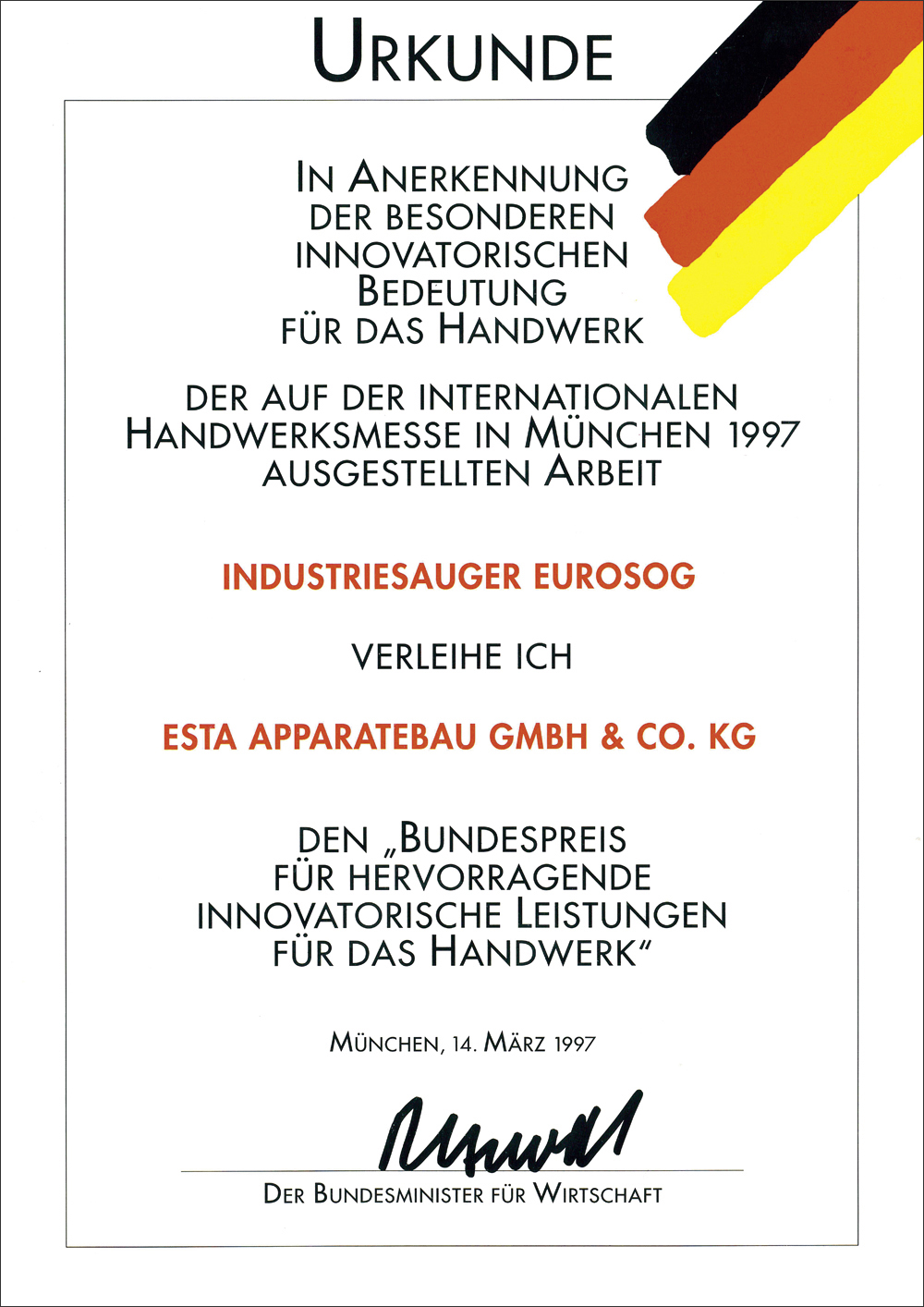 Urkunde für den Industriesauger EUROSOG. Urkunde für den Industriesauger EUROSOG.