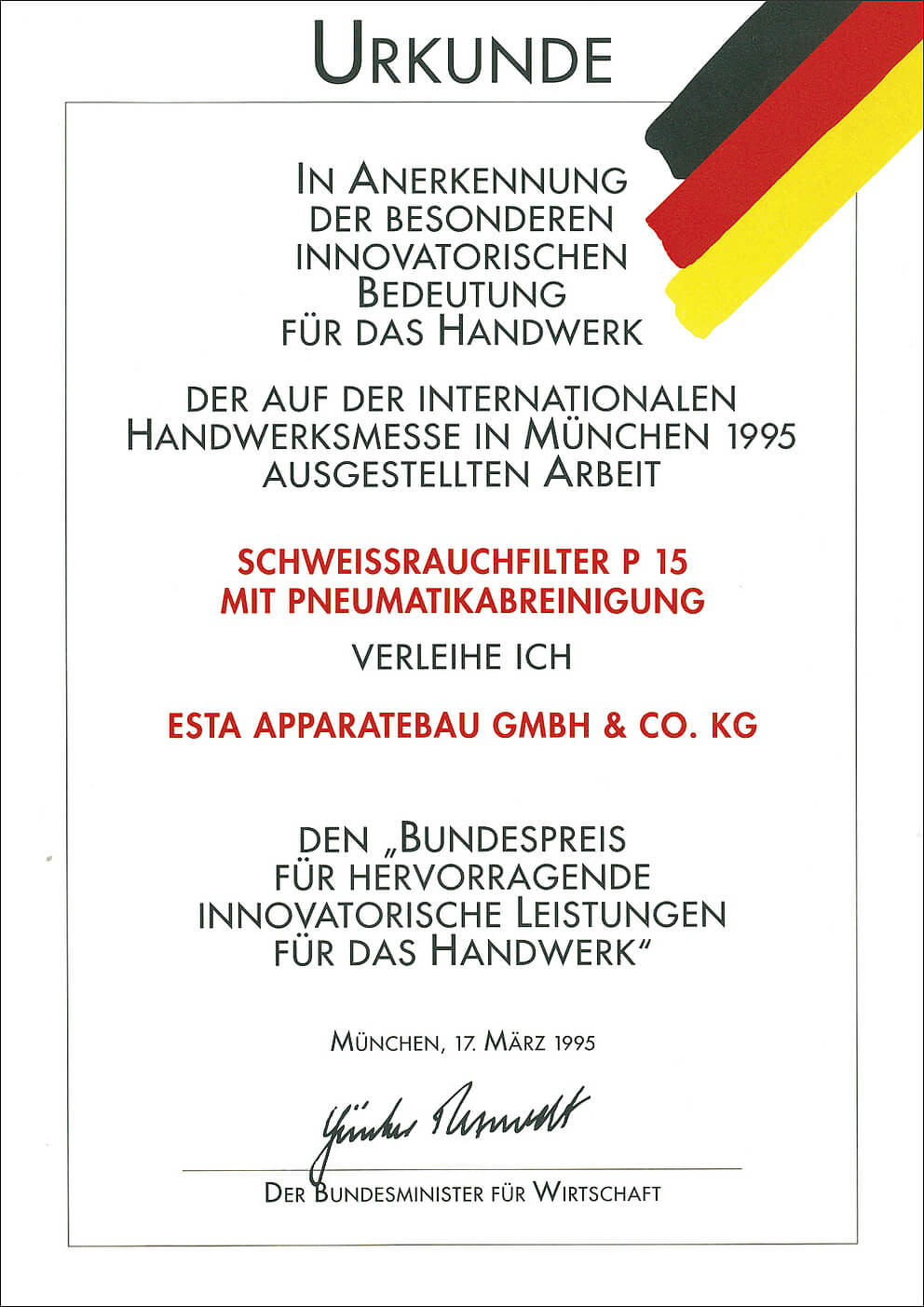 Urkunde für den Schweissrauchfilter P15. Urkunde für den Schweissrauchfilter P15.